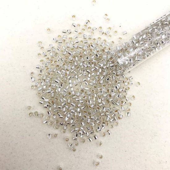 Picture of Size 8 Japanese Seed Beads, Silver Linned Crystal/Blue Splash Glow in the Dark (#2701S), Approximately 25 Grams