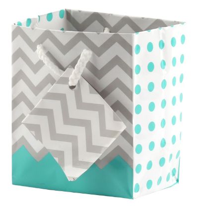 Picture of Paper Tote, Polka Dot/Chevron Turquoise, 3" x 2" x 3-1/2" H