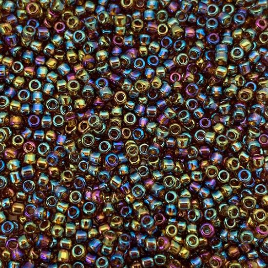 Picture of Size 11 Japanese Seed Beads, Transparent Dark Topaz Aurora Borealis (#257), Approximately 25 Grams