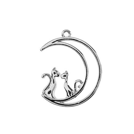 Picture of Beadwork Findings Silver Pendant Moon with Cats 21x26mm, 4 pieces.