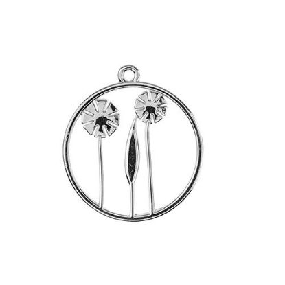 Picture of Beadwork Findings Silver Pendant Circule with Flowers 22x25mm, 4 pieces.