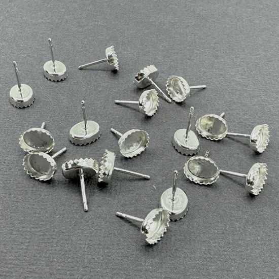 Picture of Sterling Silver 6x8mm Serrated Bezel Cup Ear Post .036" x 3/8", Sold Per Pair