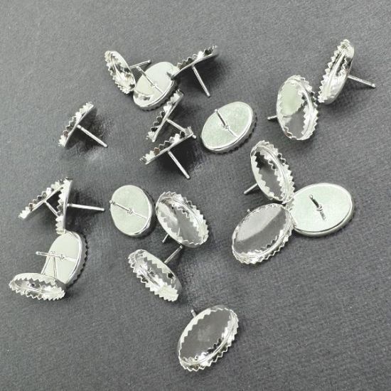 Picture of Sterling Silver 12x16mm Serrated Bezel Cup Ear Post .036" x 3/8", Sold Per Pair